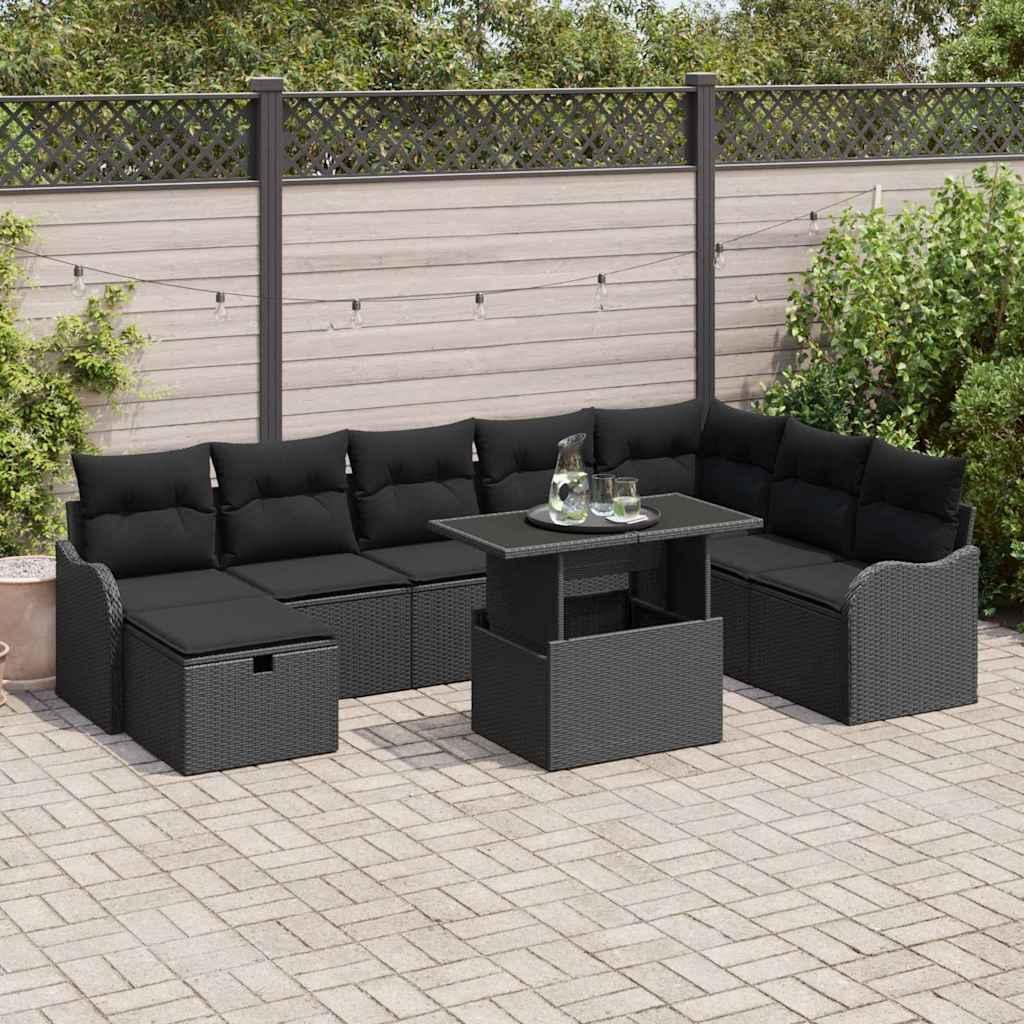 Havesofa SÃ¦t med pude med opbevaring 9 stk Sort Poly rattan