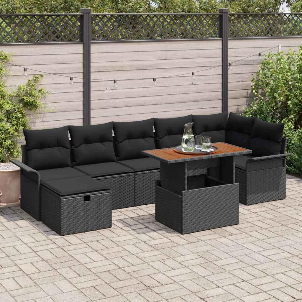 Havesofa sæt i sort polyrattan - 8 dele med justerbart bord