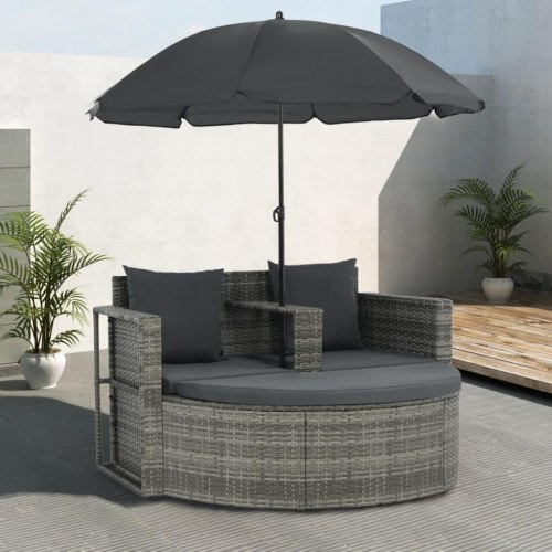 2-personers havesofa med fodskammel og parasol - grå/mørkegrå