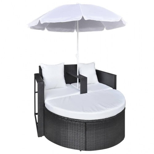 Haveseng i polyrattan med parasol - sort