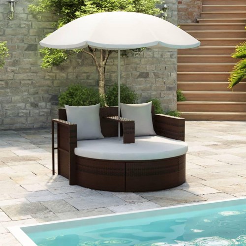 Haveseng i polyrattan med parasol - brun