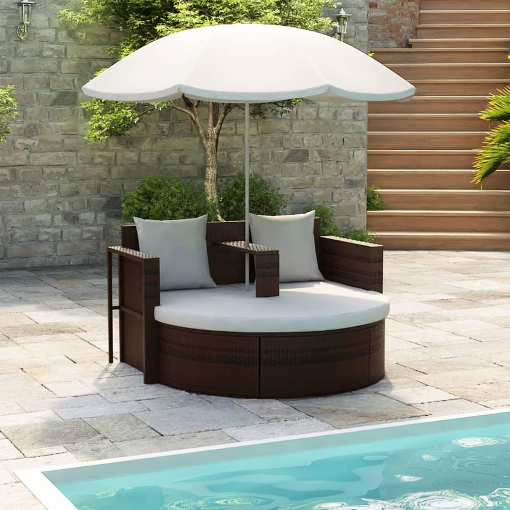 Haveseng med parasol polyrattan brun
