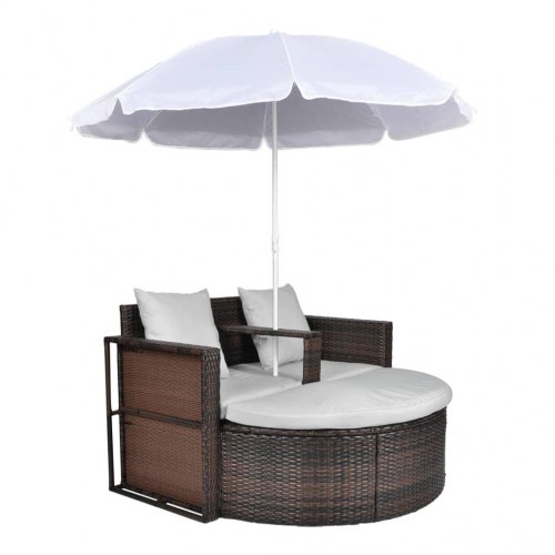 Haveseng i polyrattan med parasol - brun