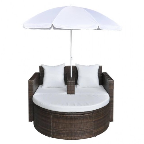 Haveseng i polyrattan med parasol - brun