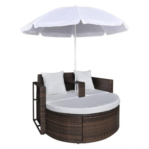 Haveseng i polyrattan med parasol - brun