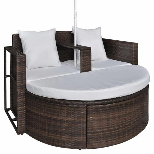 Haveseng i polyrattan med parasol - brun