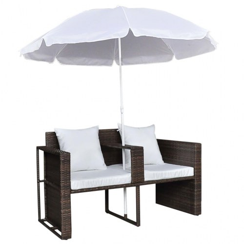 Haveseng i polyrattan med parasol - brun