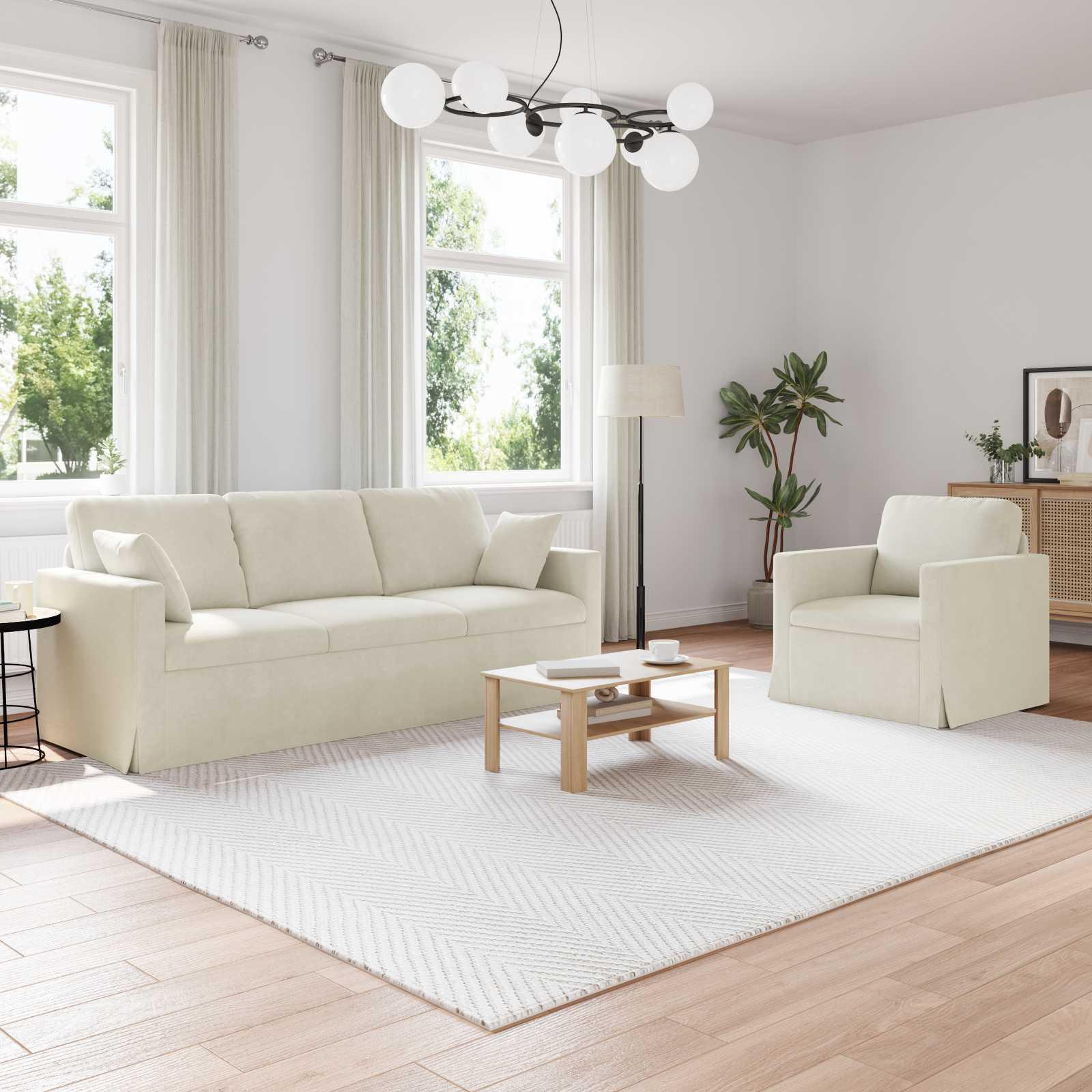 Sofa sæt i fløjl - 2 dele, creme, 198 × 78 × 80 cm
