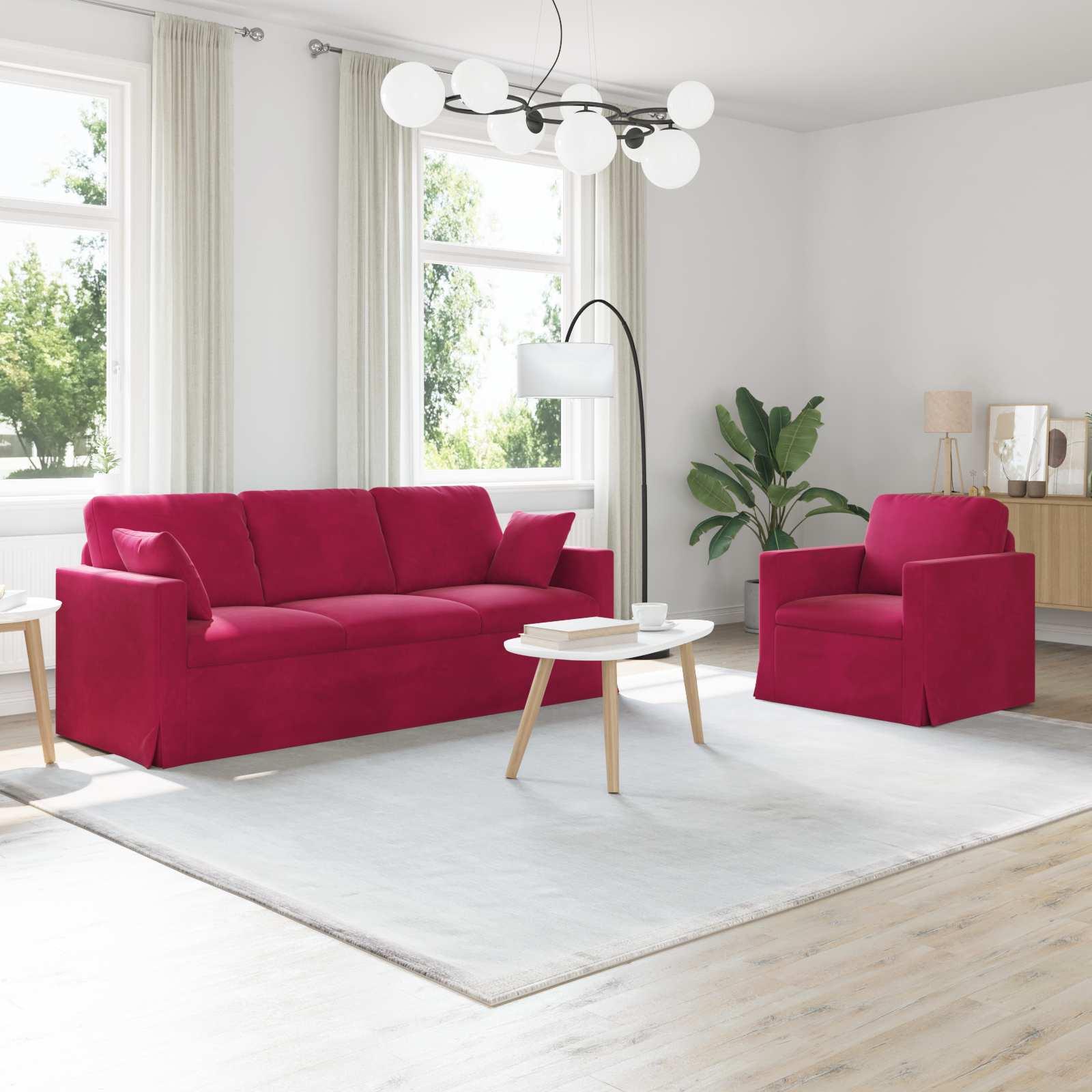 Sofa sæt i fløjl - 2 dele, vinrød, 198 × 78 × 80 cm
