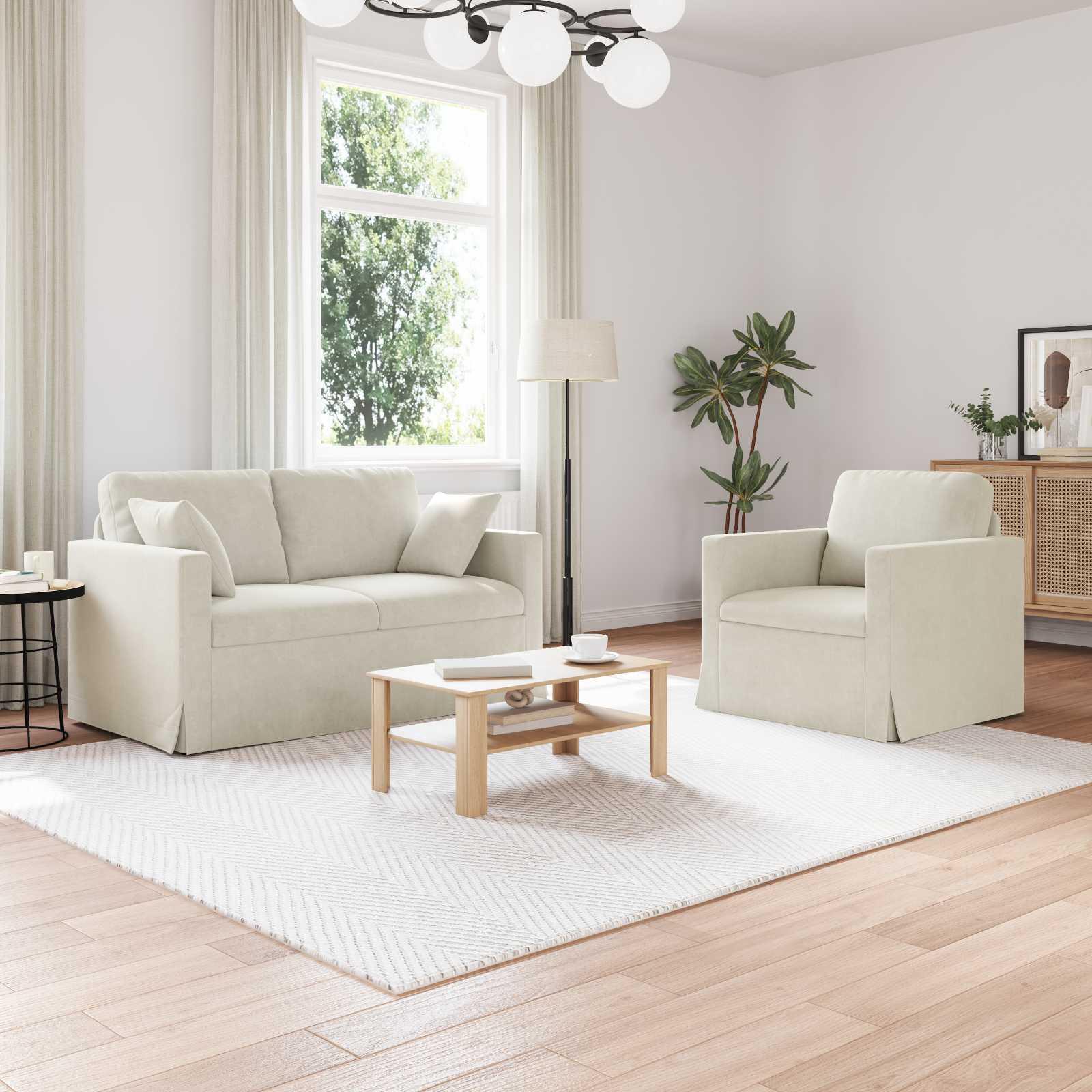 Sofa sæt i fløjl - 2 dele, creme, 138 x 78 x 80 cm