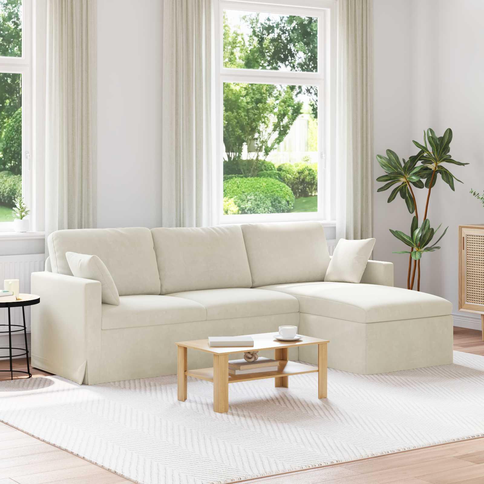 Creme sofa med chaiselong 228 x 134 x 80 cm i fløjl