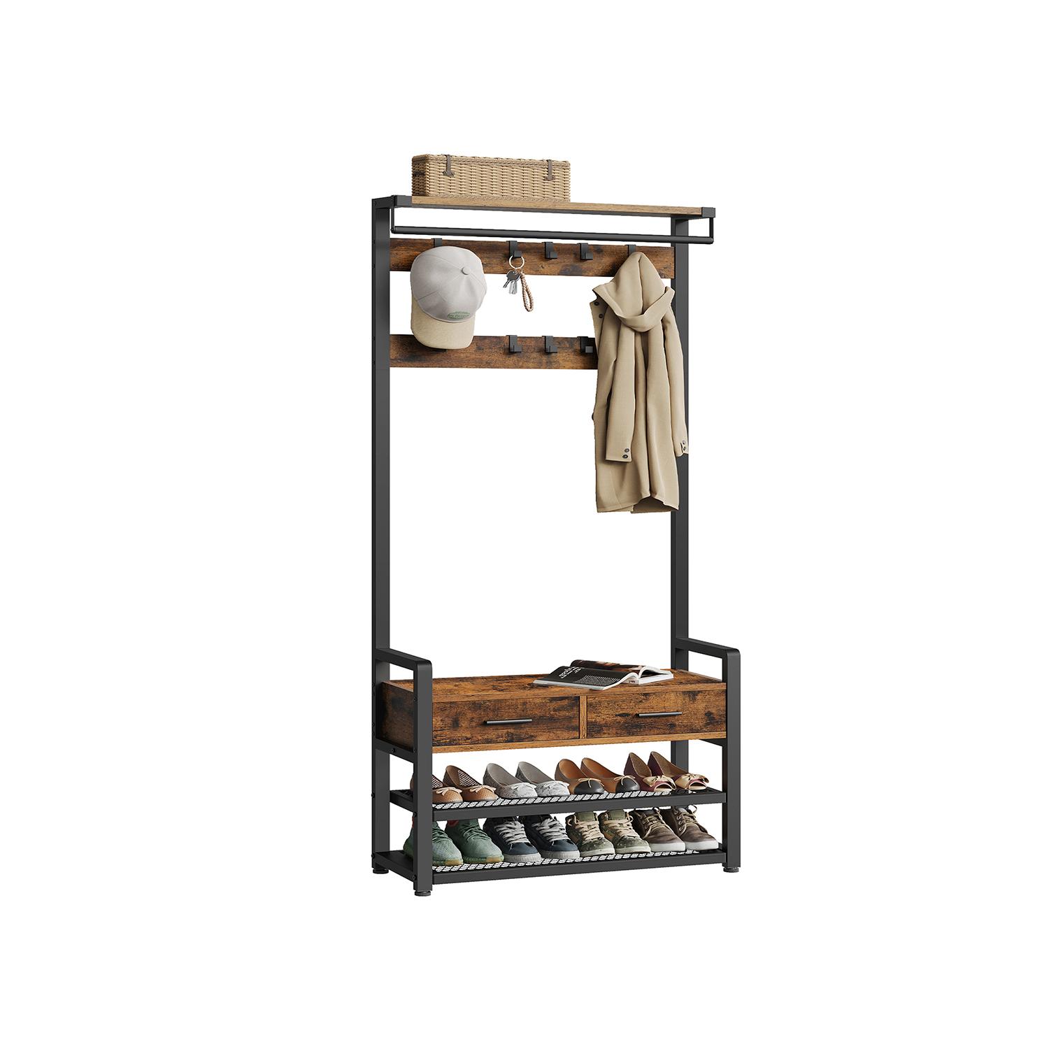 Entréstativ med bænk og skoopbevaring - 2 stofskuffer, 10 knager, tøjstang - vintage brun/sort, 30 × 80,4 × 181,6 cm (HSR429B01)