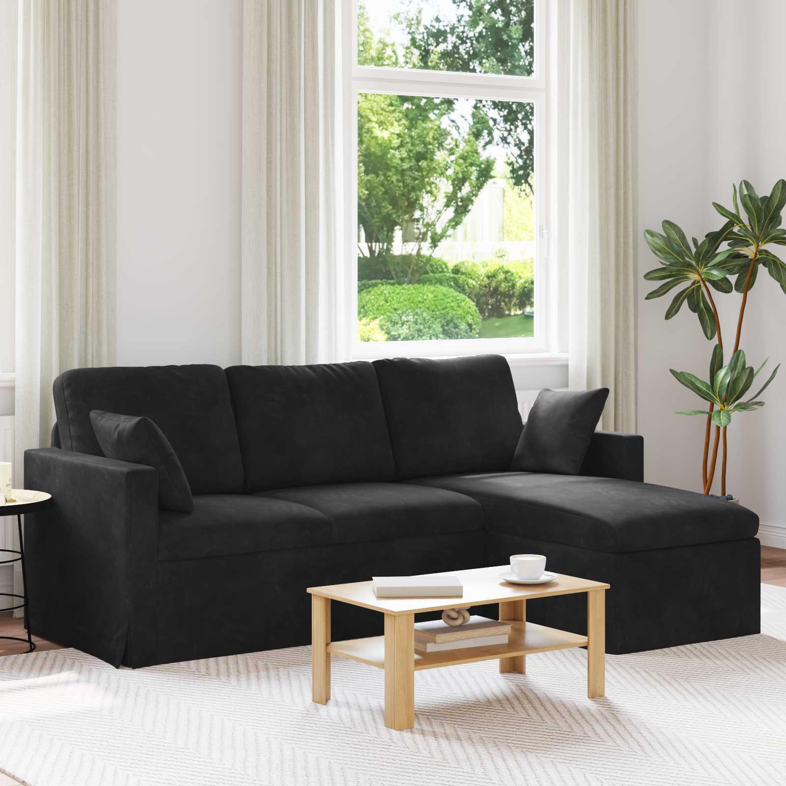 Sofa i sort fløjl med chaiselong - 198 × 134 × 80 cm