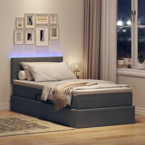 LED opbevaringsseng med madras - mørkegrå 90 x 190 cm, stof