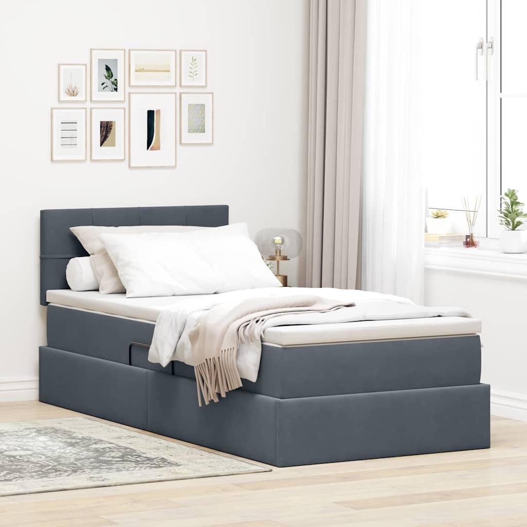 Opbevaringsseng Med Madras Fløjl - Mørkegrå / 90 x 190 cm / Block med firkanter