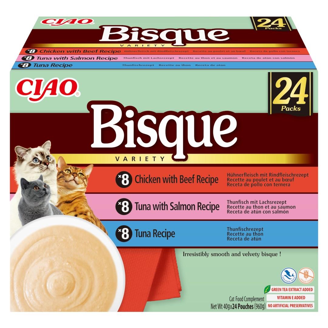 INABA Ciao Bisque - cremet suppe med tun, kylling, oksekød og laks - kattegodbidder, 24 × 40 g