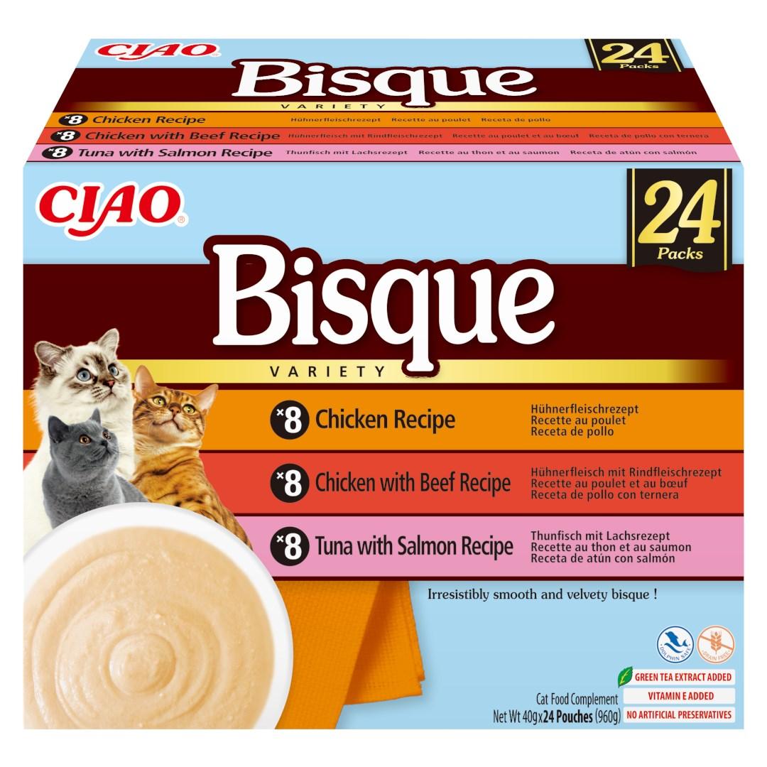 INABA Ciao Bisque - cremet suppe til kat: kylling, kylling med oksekød og tun med laks - 24 × 40 g