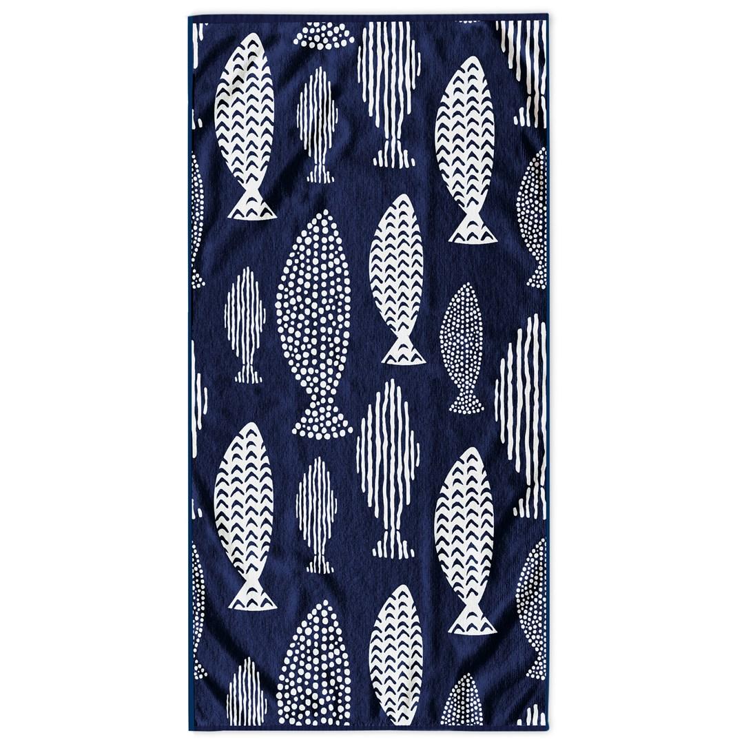 DecoKing FISH badehåndklæde 90×180 cm - blå/hvid, velour forside & frotté bagside
