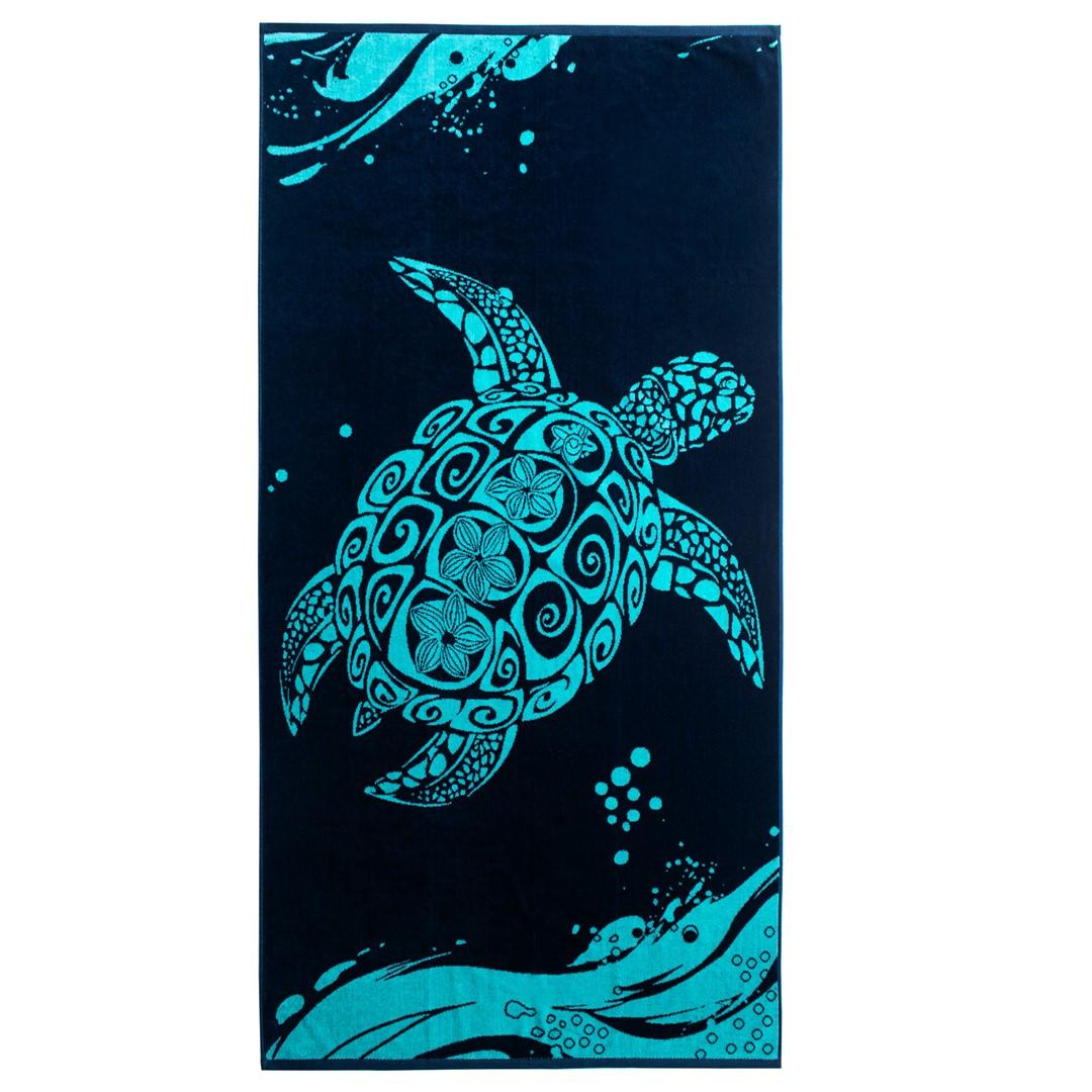 DecoKing Turtle badehåndklæde 90×180 cm - marineblå/turkis, velour forside & frotté bagside