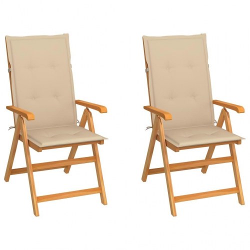 Havestole 2 stk. i massivt teaktræ med beige hynder - foldbare og justerbare