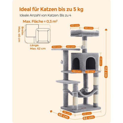 Kattetårn med hule og hængekøje, 112 cm - lysegrå