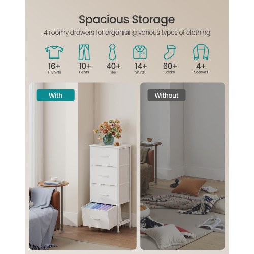 Kommode med 4 stofskuffer – hvid opbevaringsreol til soveværelse og garderobe