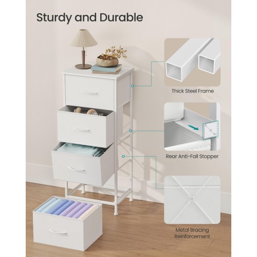 Kommode med 4 stofskuffer – hvid opbevaringsreol til soveværelse og garderobe