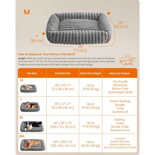 Feandrea hundeseng - mellem hundesofa med blød polstring, vaskbar, 71 × 55 × 18 cm, duegrå