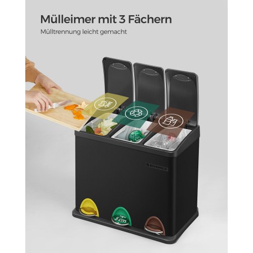 3-i-1 pedal skraldespand til affaldssortering - 24 l, stål, sort