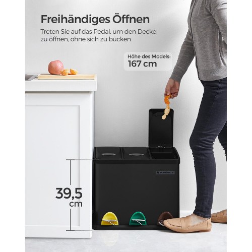 3-i-1 pedal skraldespand til affaldssortering - 24 l, stål, sort