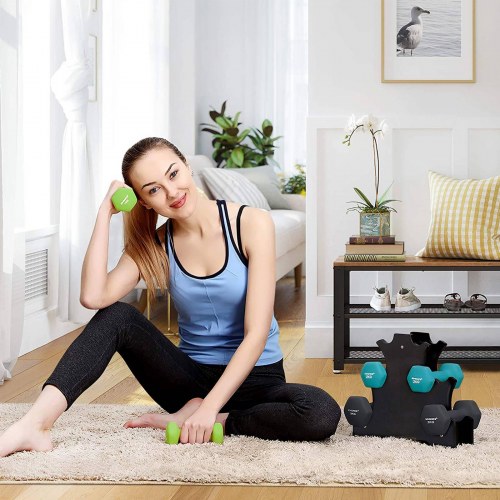 Håndvægtsæt med stativ – 2 x 1 kg, 2 x 2 kg, 2 x 3 kg, neopren – lime, teal og mørkegrå