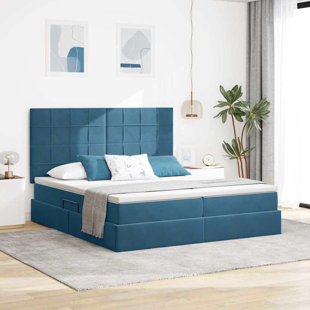 Opbevaringsseng med madras Mørk blå 200 x 200 cm Fløjl
