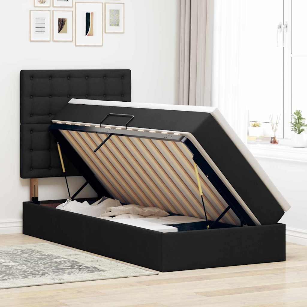 Seng med opbevaring og LED med LED Sort 90 x 200 cm Polyester