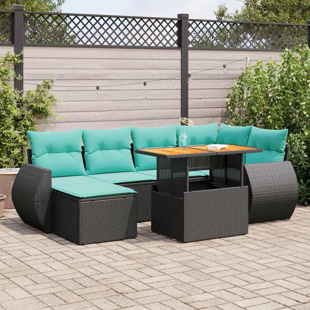 Havesofasæt i polyrattan - 7 dele med hynder, sort