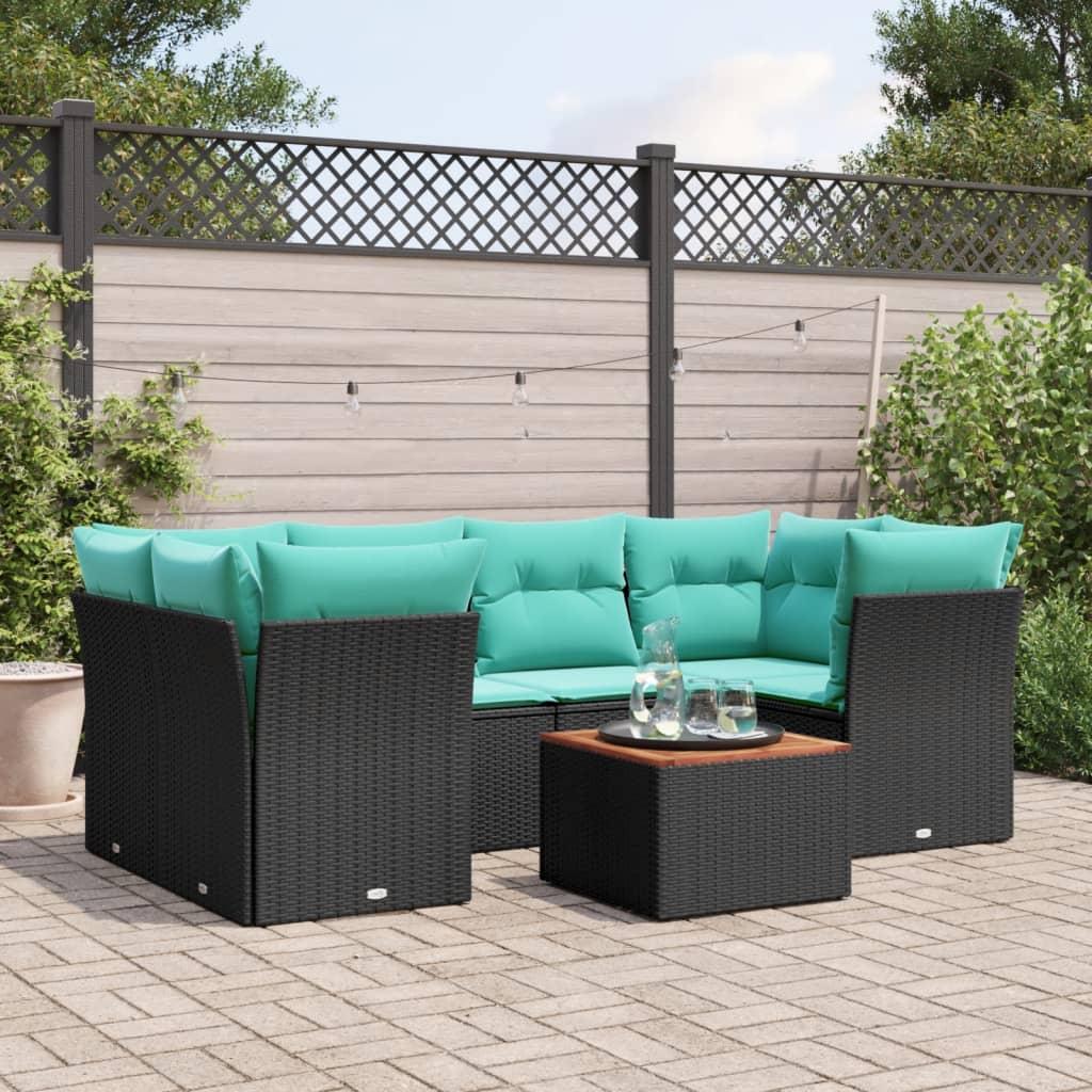 Sofasæt til haven i polyrattan - 7 dele med opbevaring, sort/blå