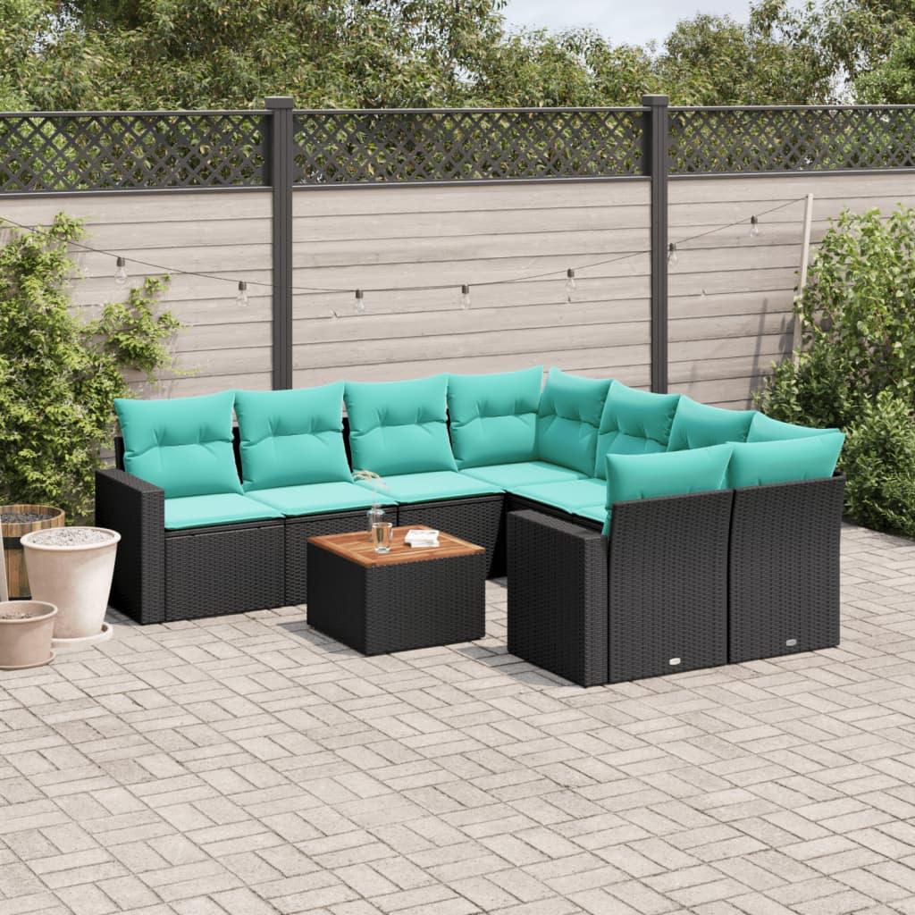 Sofasæt til haven i polyrattan - 9 dele med hynder, sort/blå