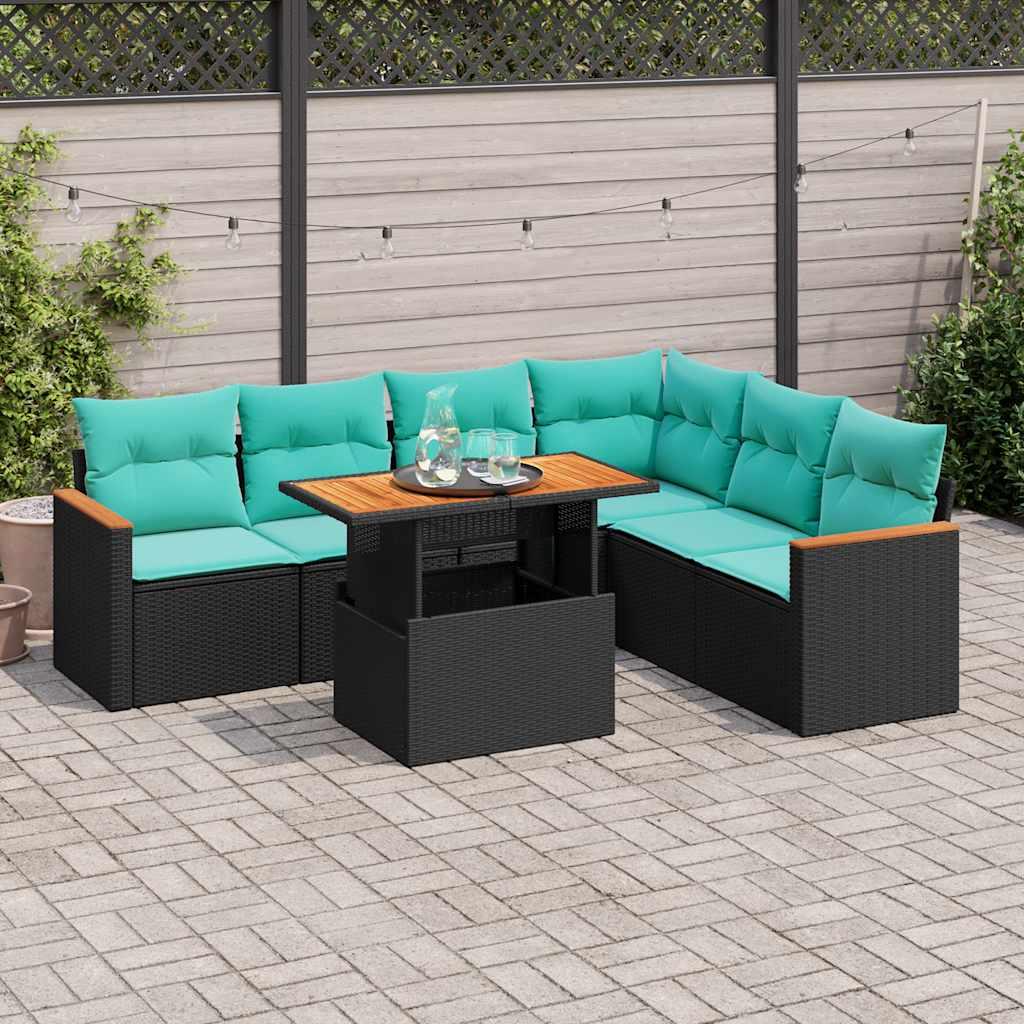 Sofasæt til haven i polyrattan - 7 dele med hynder, sort/blå