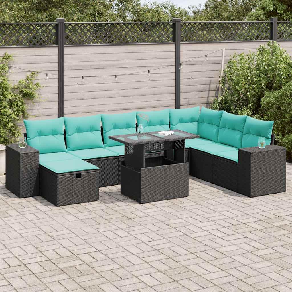Sofasæt til haven 9 dele med hynder i polyrattan og akacietræ, grå