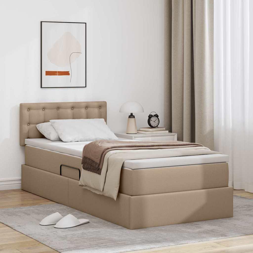 Seng med opbevaring og madras - cappuccino faux læder 90 x 200 cm