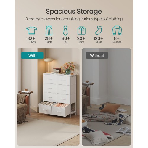 Kommode med 8 skuffer - stål, MDF, non-woven - skyhvid/snehvid