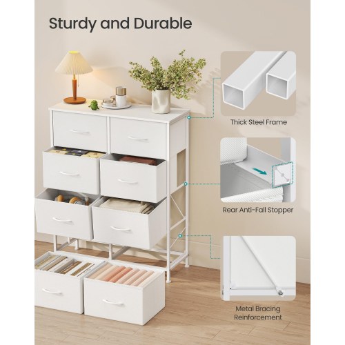 Kommode med 8 skuffer - stål, MDF, non-woven - skyhvid/snehvid
