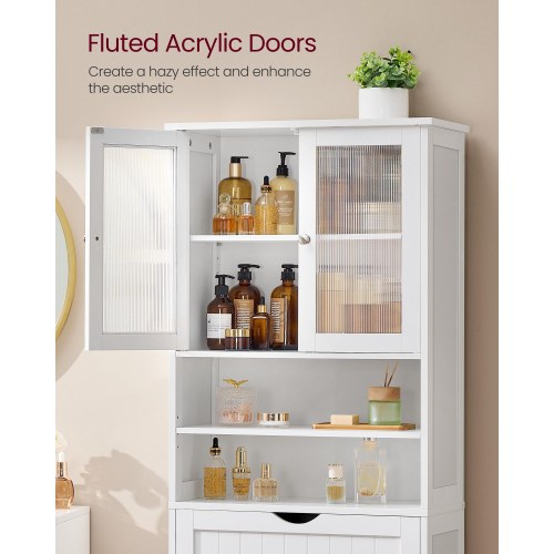 Højt opbevaringsskab til badeværelse med justerbare hylder, skuffe og åbne rum – cloud hvid