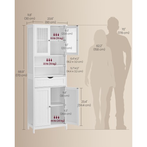 Højt opbevaringsskab til badeværelse med justerbare hylder, skuffe og åbne rum – cloud hvid