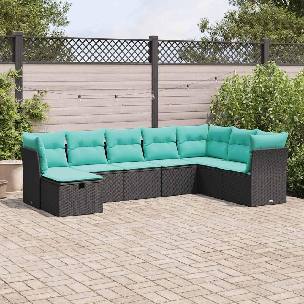 Havesofasæt i polyrattan - 8 dele med blå hynder, sort