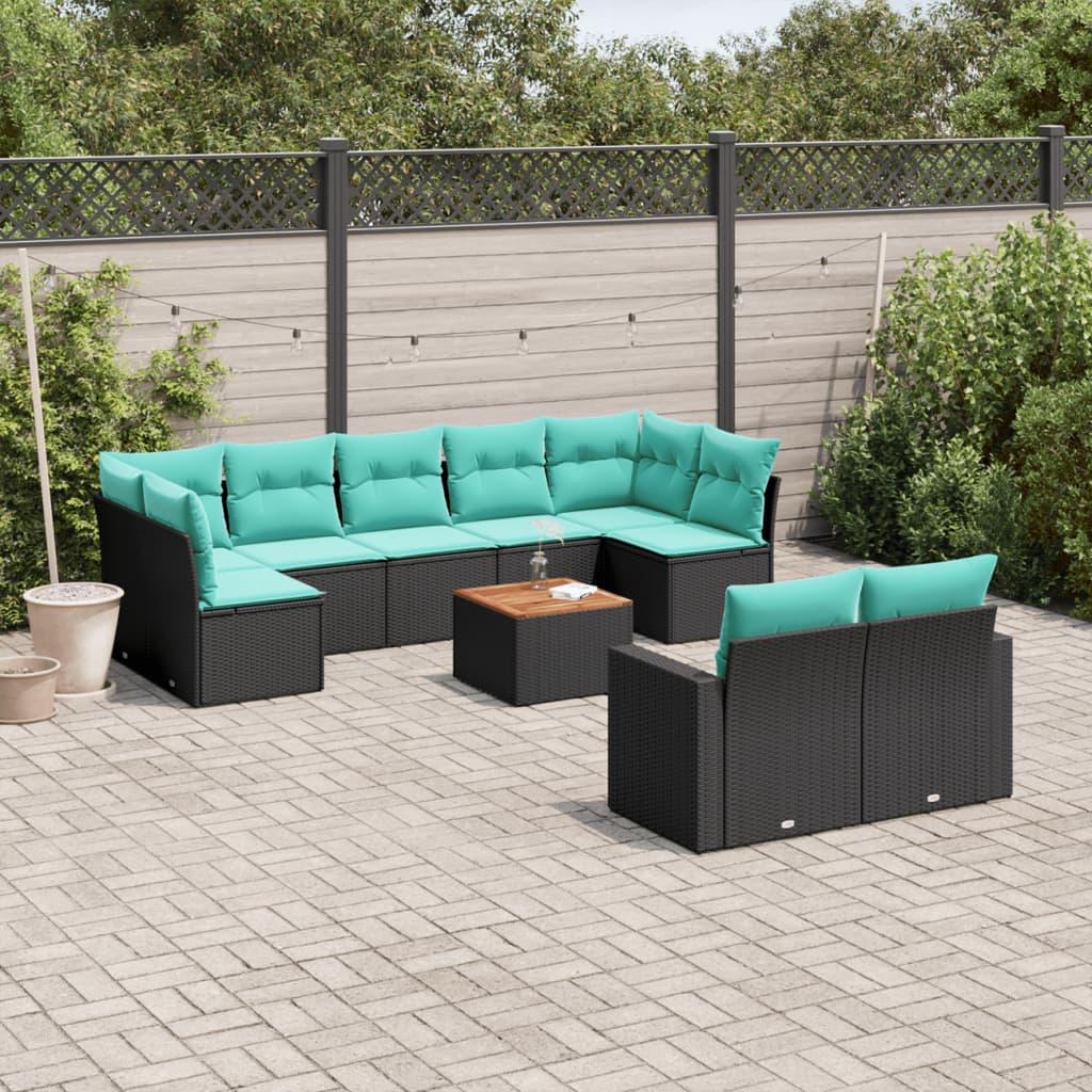 Sofasæt til haven 10 dele med hynder i polyrattan - sort/blå