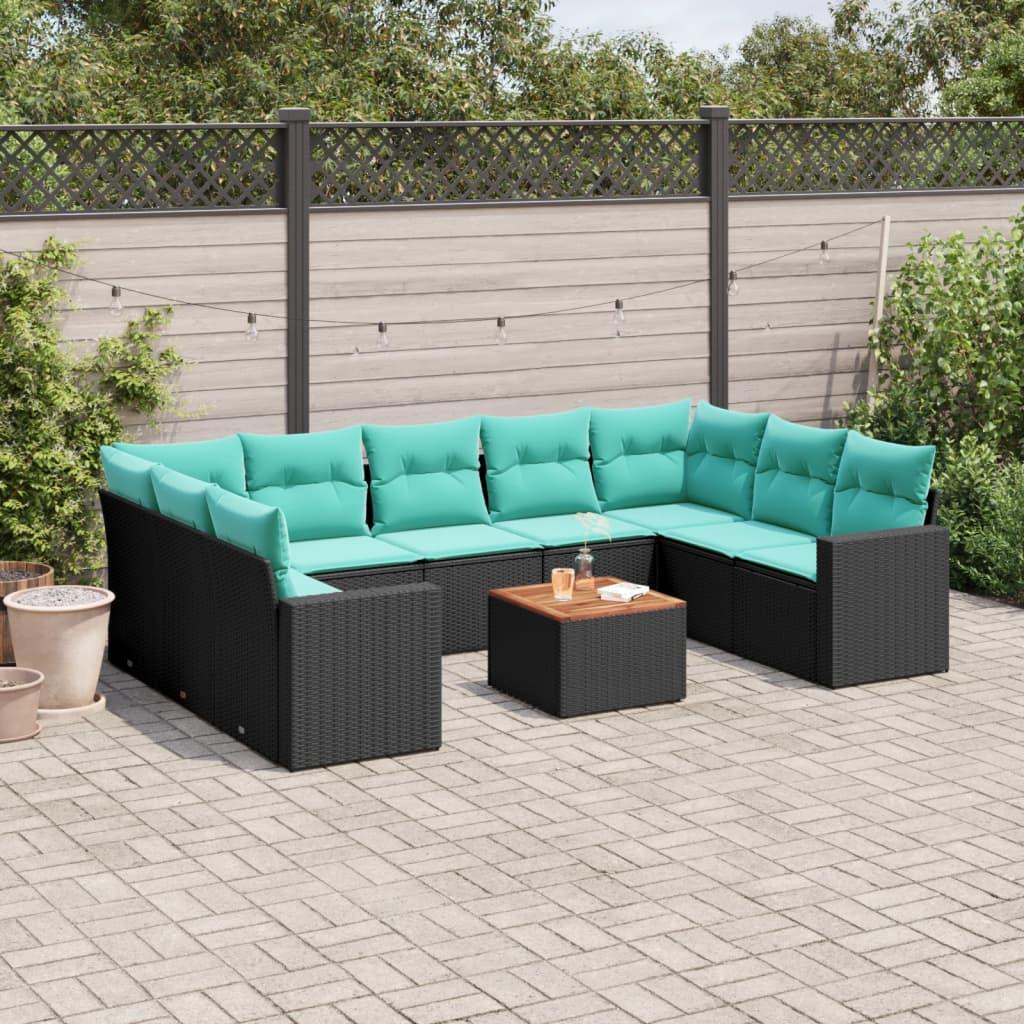 Sofasæt til haven i polyrattan - 10 dele med hynder, sort/blå