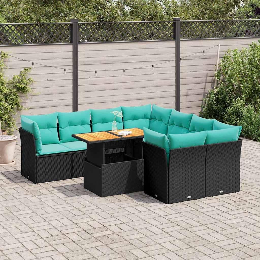 Havesofasæt i polyrattan - 9 dele med blå hynder, sort