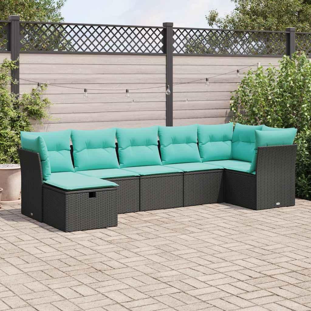 Havesofasæt i polyrattan - 7 dele med blå hynder, sort