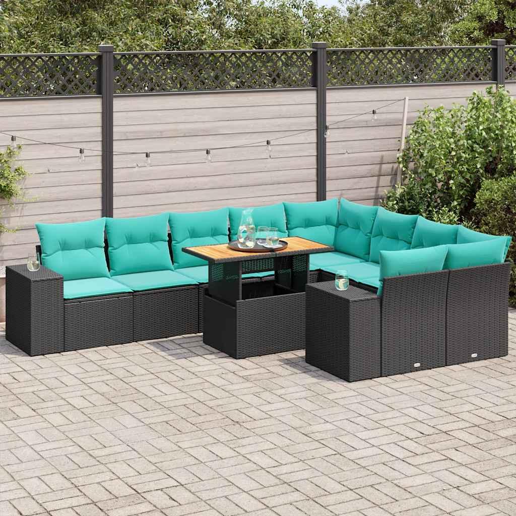 Havesofasæt i polyrattan - 10 dele med hynder, sort/blå