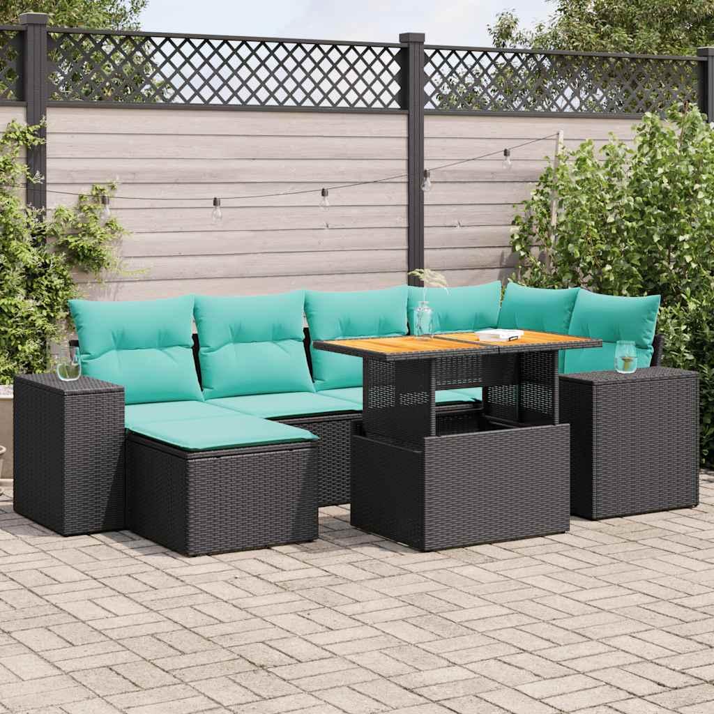 Sofasæt til haven i polyrattan - 7 dele med opbevaring, sort/blå hynder
